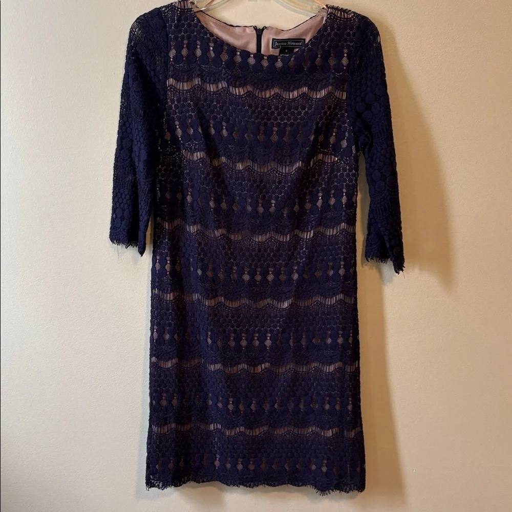 Navy open weave a-line dress with cream lining. Fringe details on sleeves/hem. - Picture 1 of 7